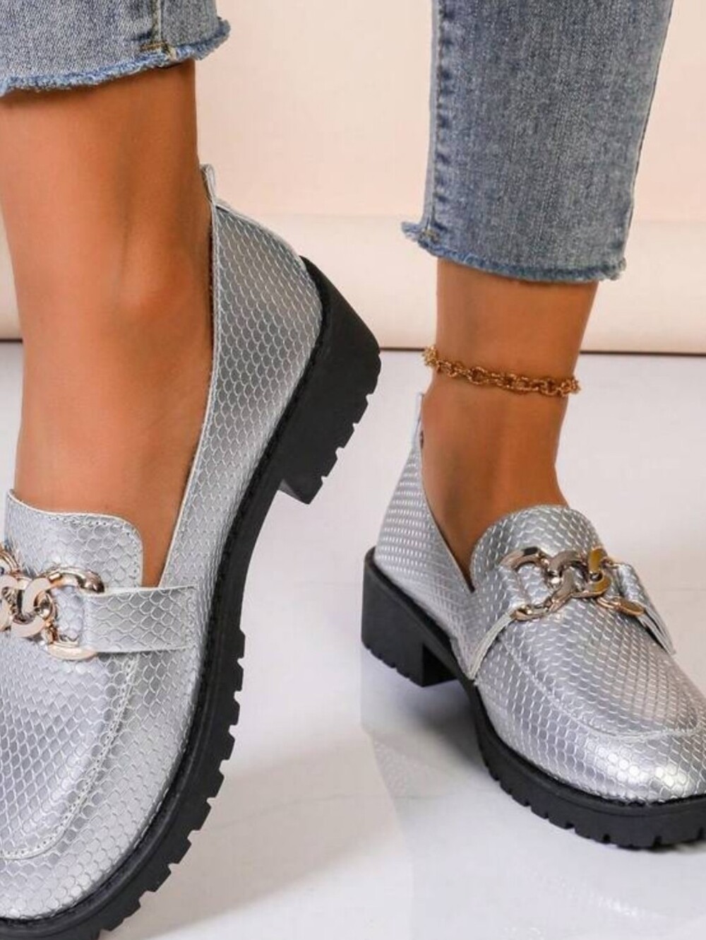 metallic silver faux-leather platform loafers